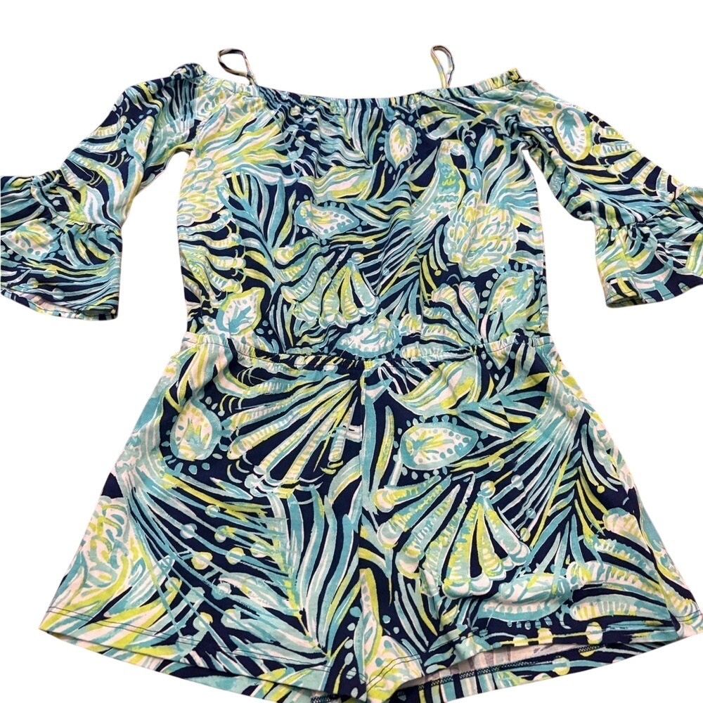 Lilly Pulitzer Girls XL 12-14 Romper Blue‎ Green Pineapple Ruffle Sleeve Cotton